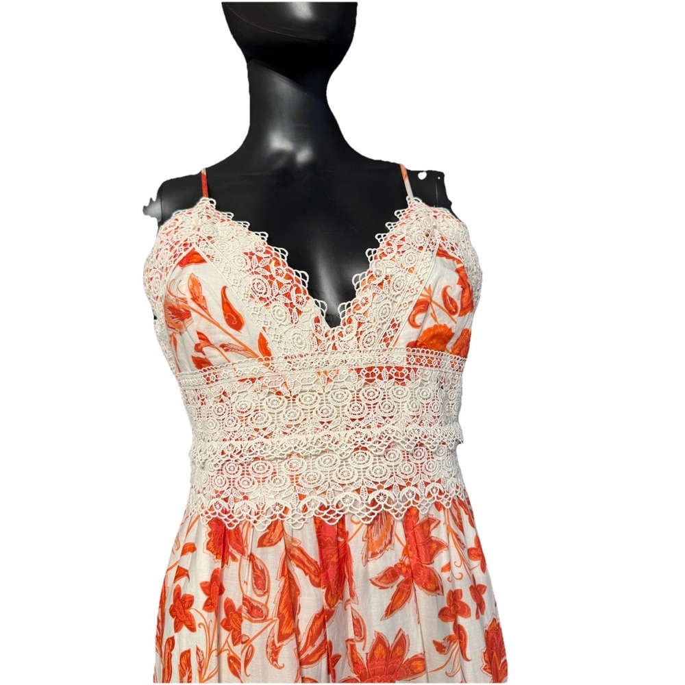 Antonio Melani Bright Orange Floral & Lace Tiered Maxi Sun Dress, Lined, Sz 10 - Picture 4 of 7